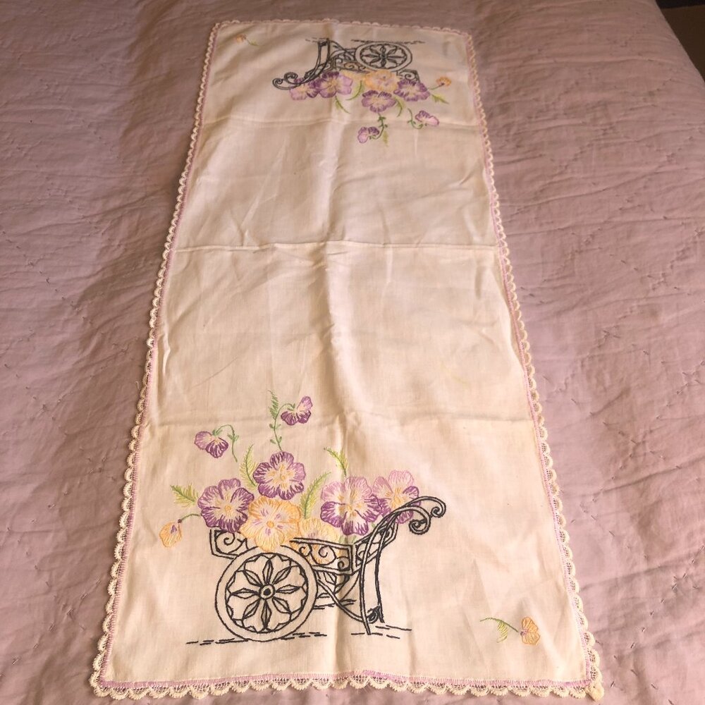 Vintage Embroidered Flower Cart on Table Runner